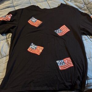 Black T-Shirt with American Flag Patches